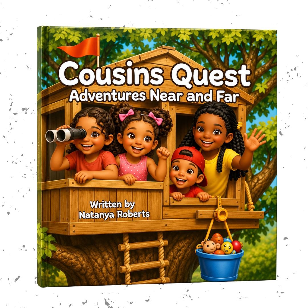 Front cover of Cousins Quest: Adventures Near and Far by Natanya Roberts showing four children enjoying a treehouse adventure.