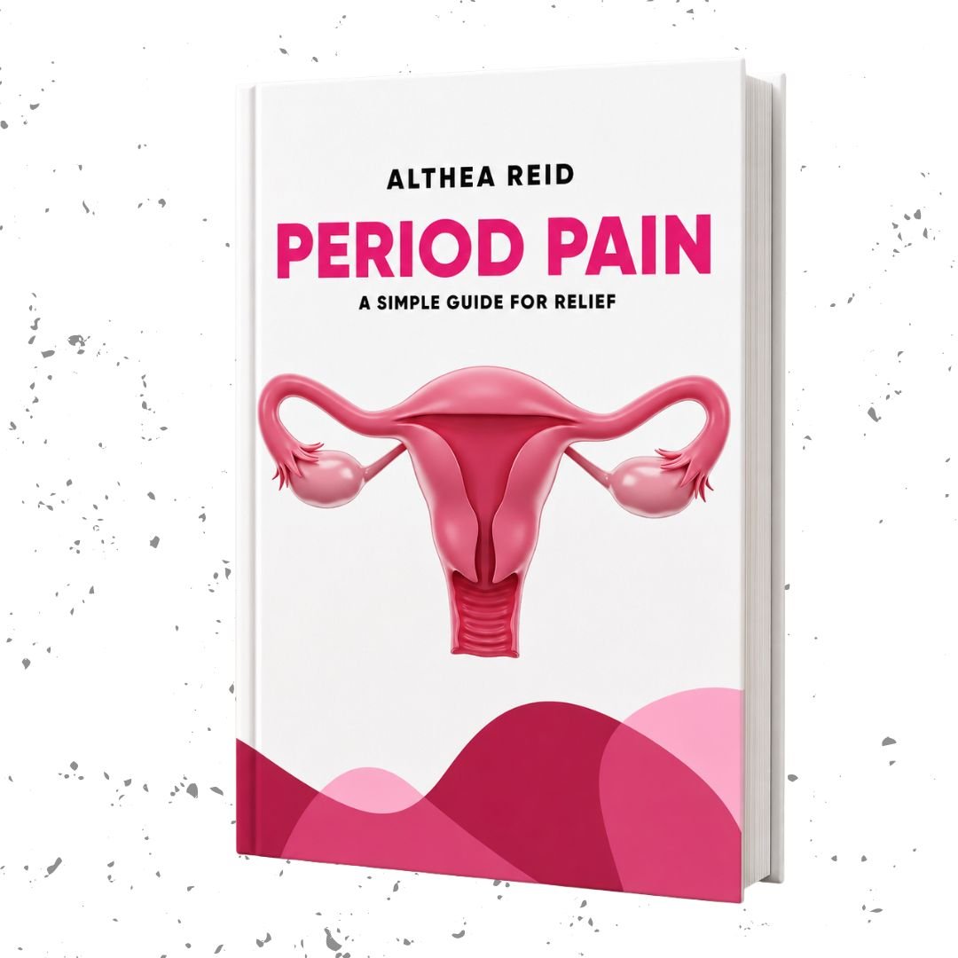 Front cover of Period Pain: A Simple Guide for Relief by Althea Reid featuring a medical illustration of the female reproductive system.